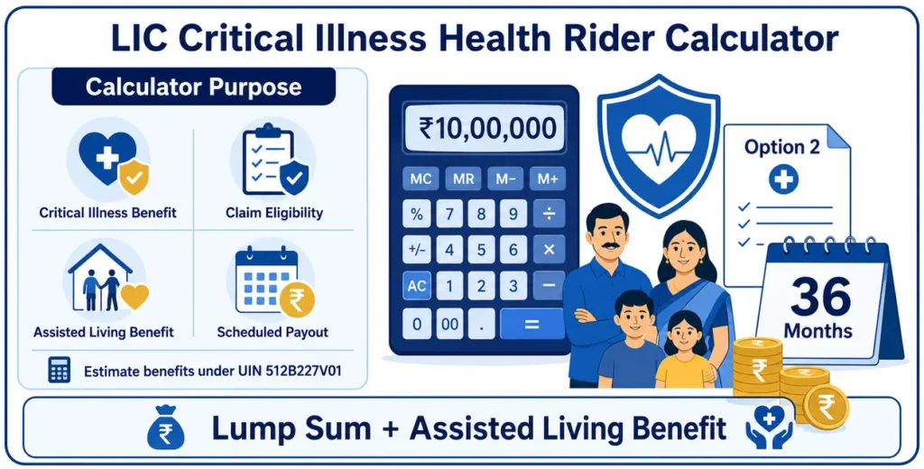 LIC Critical Illness Health Rider Calculator infographic showing a ₹10 lakh calculator, medical shield, Option 2 health document, 36-month calendar and benefit types under UIN 512B227V01.
