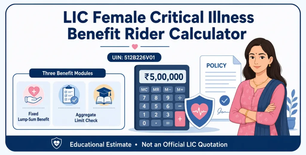 LIC Female Critical Illness Benefit Rider Calculator showing three benefit modules, aggregate limit and an illustrative ₹5 lakh benefit.