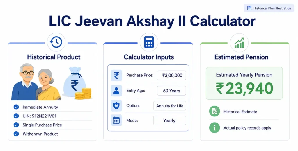 LIC Jeevan Akshay II Calculator showing historical product details, purchase price, entry age, annuity option and estimated yearly pension
