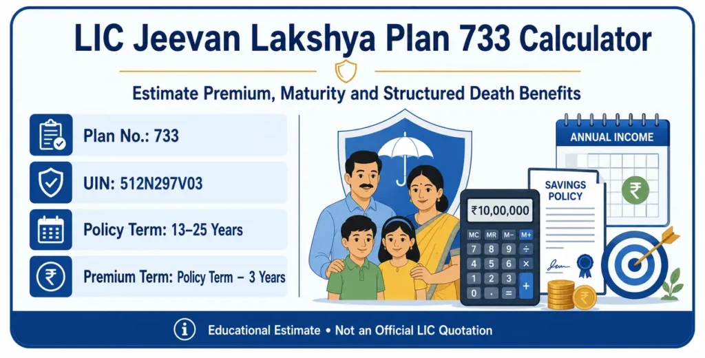 LIC Jeevan Lakshya Plan 733 Calculator for estimating premiums, maturity benefits and structured family death benefits