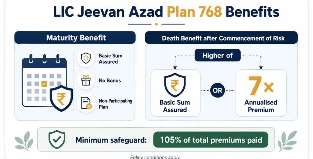 LIC Jeevan Azad Plan 768 benefits infographic explaining maturity benefit, death-benefit formula and the 105% minimum premium safeguard