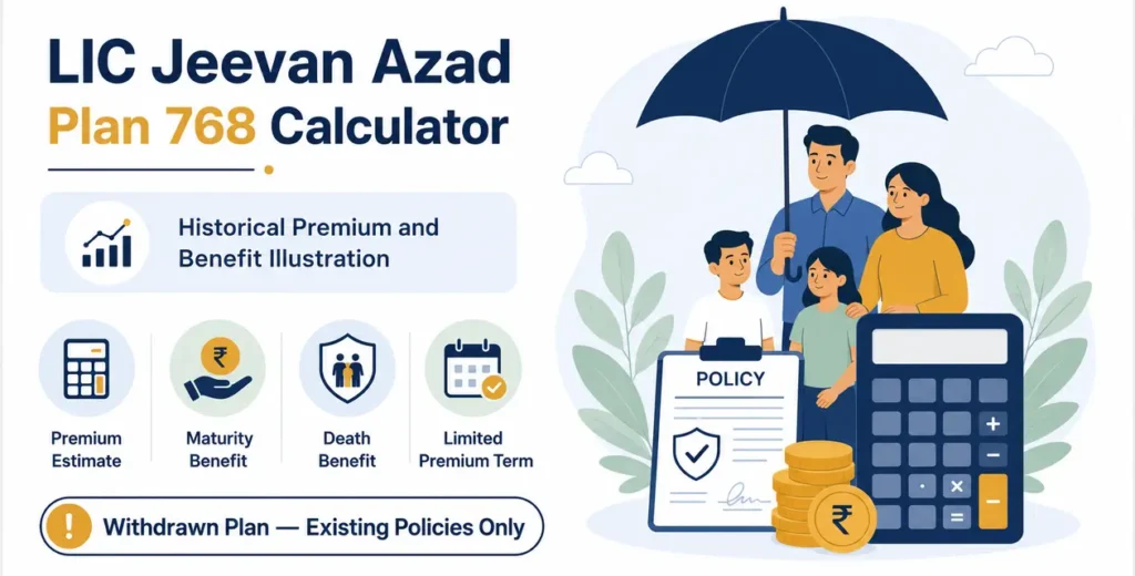 LIC Jeevan Azad Plan 768 Calculator infographic showing historical premium estimate, maturity benefit, death benefit and limited premium term