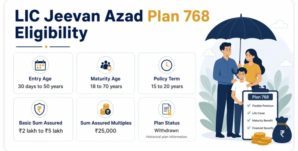 LIC Jeevan Azad Plan 768 eligibility infographic showing entry age, maturity age, policy term, Basic Sum Assured limits and withdrawn status