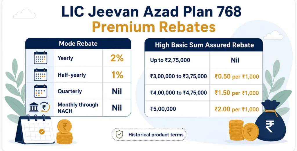 LIC Jeevan Azad Plan 768 premium rebate infographic comparing payment-mode rebates and high Basic Sum Assured rebates.