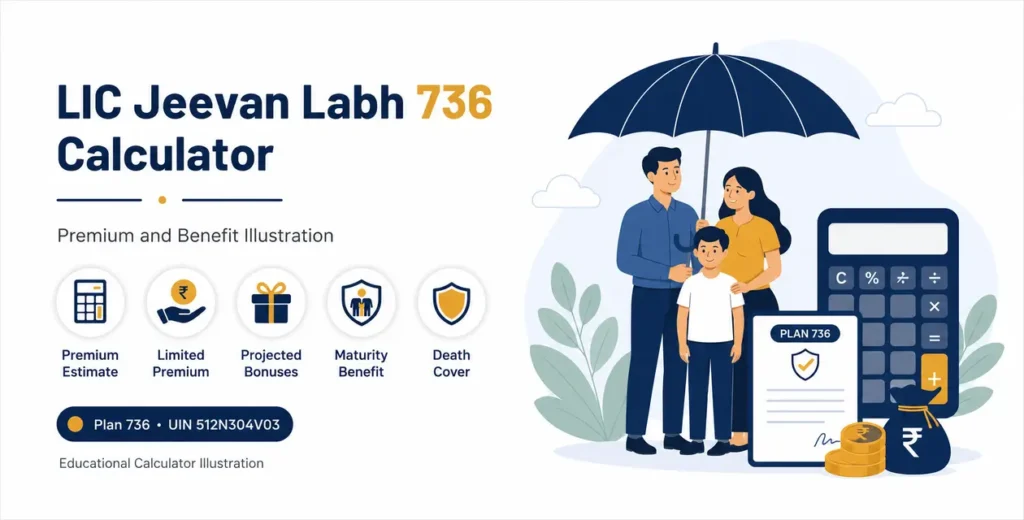 LIC Jeevan Labh 736 Calculator showing premium, bonuses, maturity and death-cover estimates