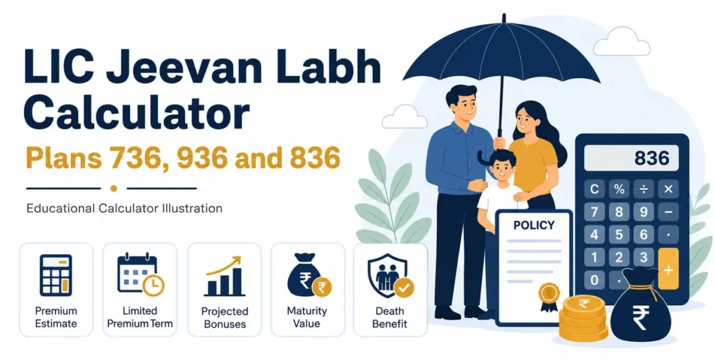 LIC Jeevan Labh Calculator infographic showing premium, bonuses, maturity and death benefits for Plans 736, 936 and 836