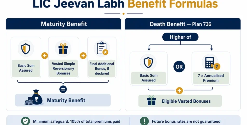 LIC Jeevan Labh infographic explaining maturity value, projected bonuses and Plan 736 death-benefit formula