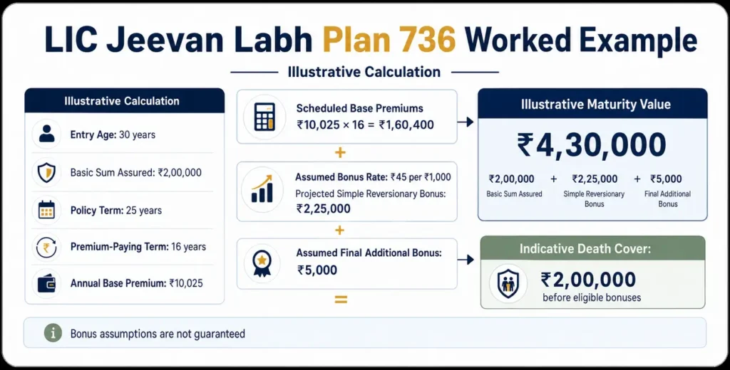 LIC Jeevan Labh Plan 736 calculation example showing ₹10,025 annual premium and ₹4,30,000 illustrative maturity value