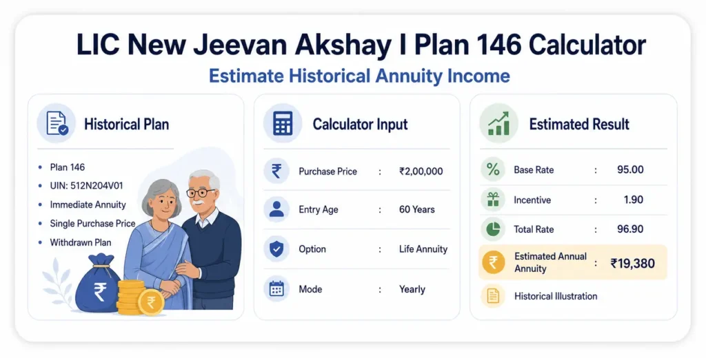 LIC New Jeevan Akshay I Plan 146 Calculator showing a historical annual annuity estimate of ₹19,380
