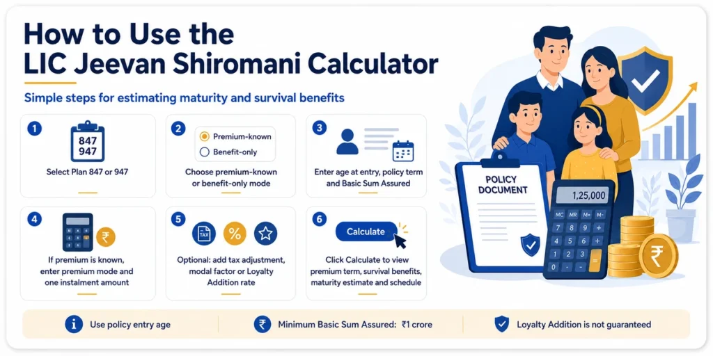 Steps to use LIC Jeevan Shiromani Calculator by selecting plan, choosing calculation mode, entering age, term, sum assured and premium details