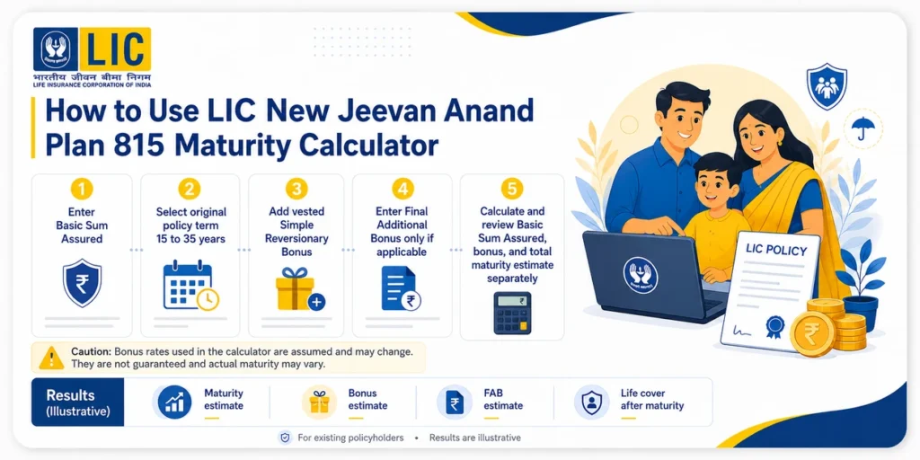 Steps to use LIC New Jeevan Anand Plan 815 Maturity Calculator by entering sum assured, policy term, vested bonus and Final Additional Bonus