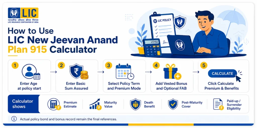 Steps to use LIC New Jeevan Anand Plan 915 Calculator by entering age, sum assured, policy term, premium mode and bonus details