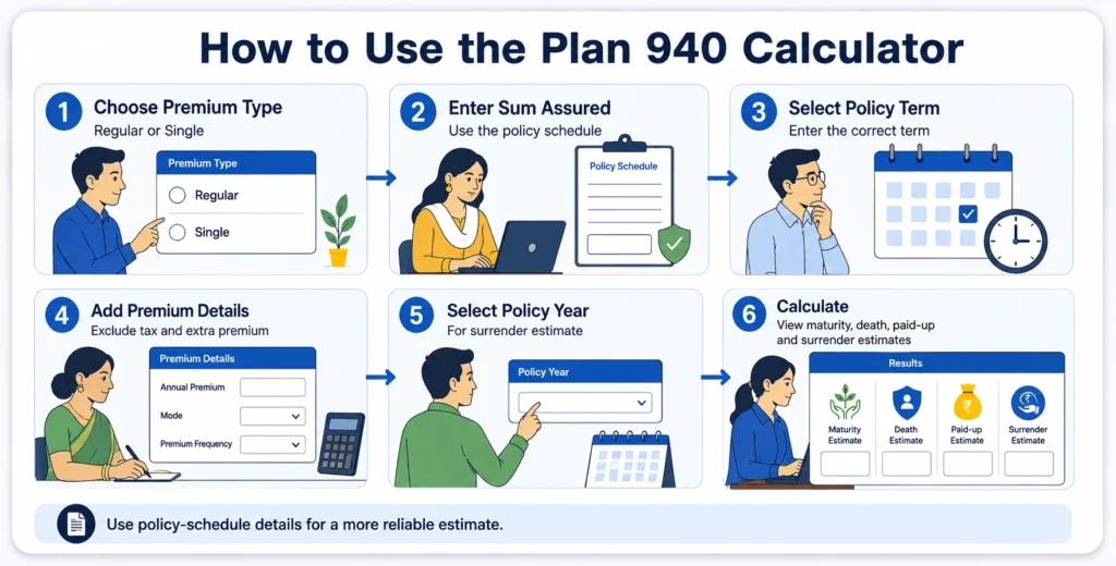 Six steps to use the LIC New Jeevan Mangal Plan 940 Calculator