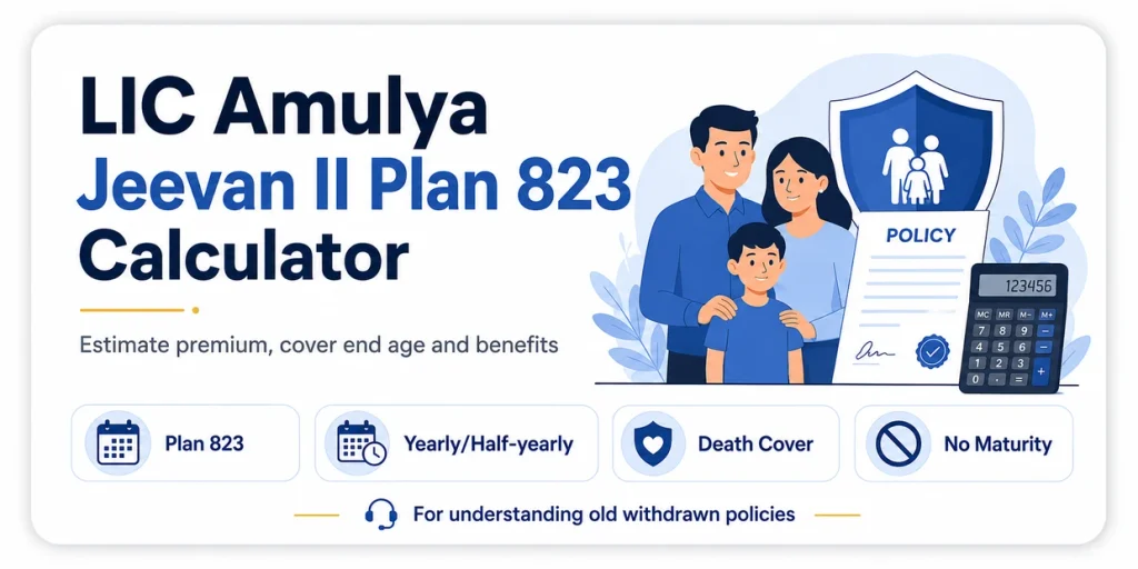 LIC Amulya Jeevan II Plan 823 Calculator showing premium estimate, cover end age, death cover and zero maturity benefit for existing policies