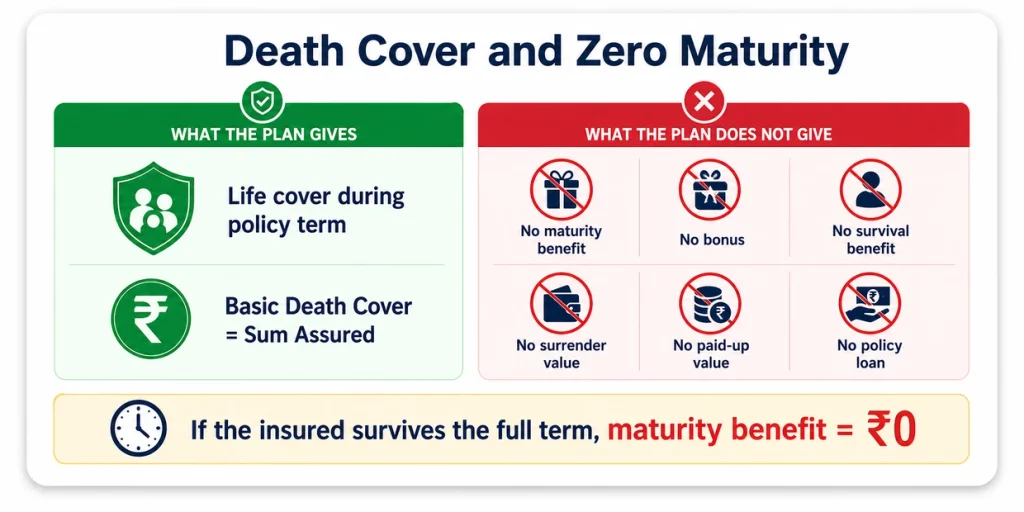 LIC Amulya Jeevan II Plan 823 benefits showing life cover during the policy term, zero maturity benefit, no bonus, no surrender value and no policy loan