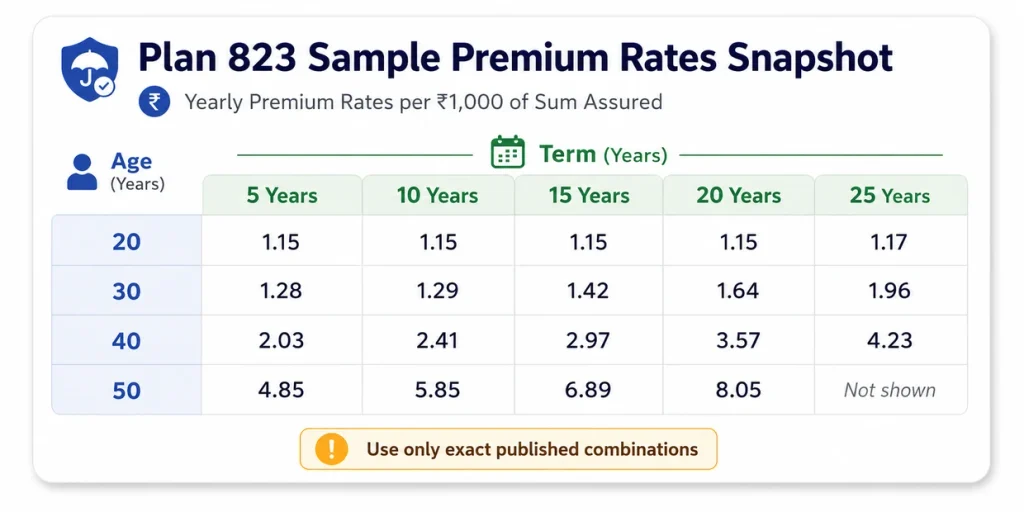 LIC Amulya Jeevan II Plan 823 sample yearly premium rates by age and policy term per ₹1,000 of Sum Assured