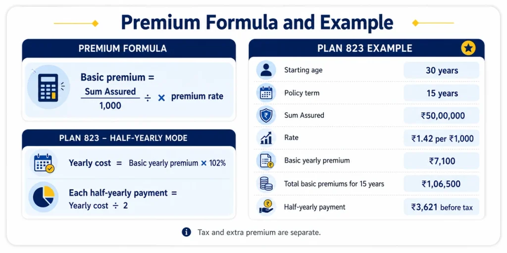 LIC Amulya Jeevan Plan 823 premium formula example showing ₹50 lakh Sum Assured, ₹7,100 yearly premium and ₹3,621 half-yearly payment