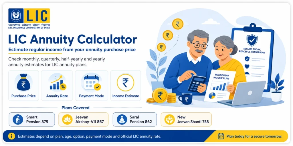 LIC Annuity Calculator for estimating monthly, quarterly, half-yearly and yearly retirement income from a purchase price