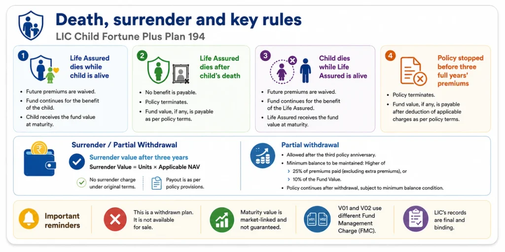 LIC Child Fortune Plus Plan 194 death benefit, surrender value and partial withdrawal rules for different policy and child status situations