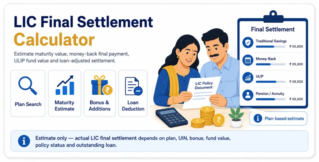 LIC Final Settlement Calculator infographic showing plan search, maturity estimate, bonus and additions, loan deduction and final policy settlement.