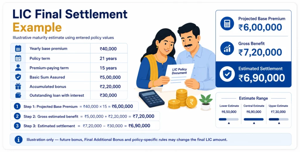 LIC final settlement calculation example showing ₹6,00,000 projected base premium, ₹7,20,000 gross benefit and ₹6,90,000 estimated settlement after loan deduction