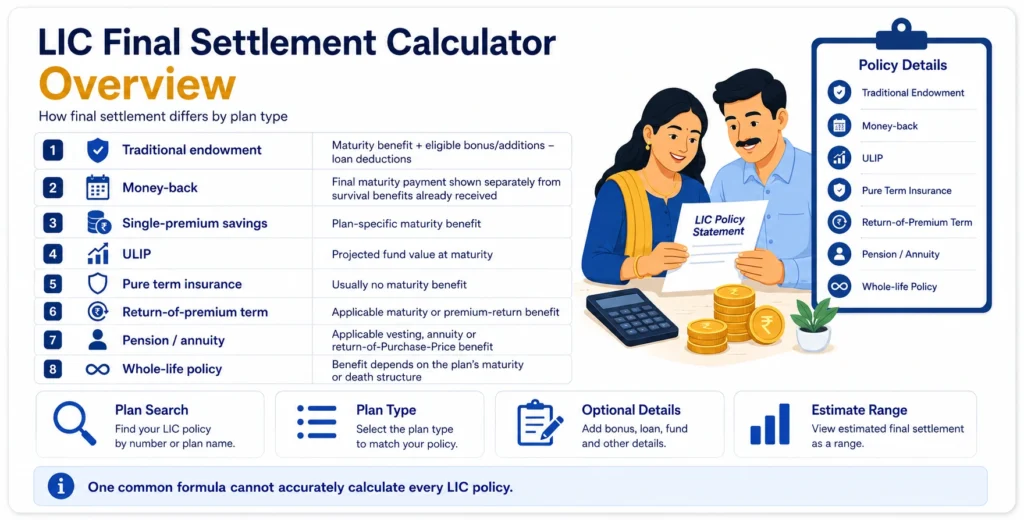LIC Final Settlement Calculator overview showing how settlement differs for traditional, money-back, ULIP, term, pension and whole-life policies.
