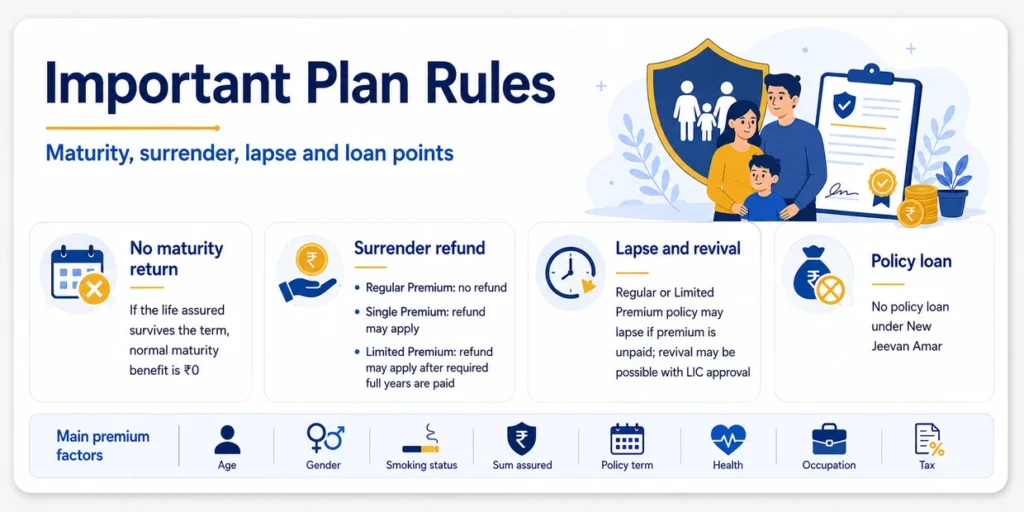 LIC Jeevan Amar important plan rules showing zero maturity return, surrender refund, lapse and revival, policy loan and main premium factors
