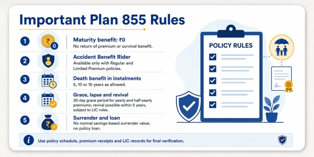 LIC Jeevan Amar Plan 855 important rules showing zero maturity benefit, Accident Benefit Rider, death benefit instalments, lapse and revival, surrender and loan rules