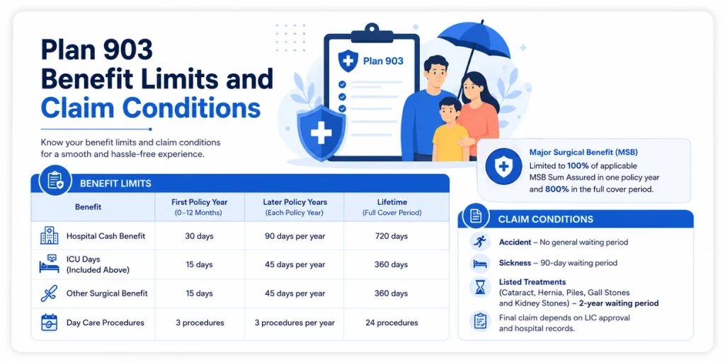 LIC Jeevan Arogya Plan 903 benefit limits and claim conditions showing hospital days, ICU days, day care limits and waiting periods