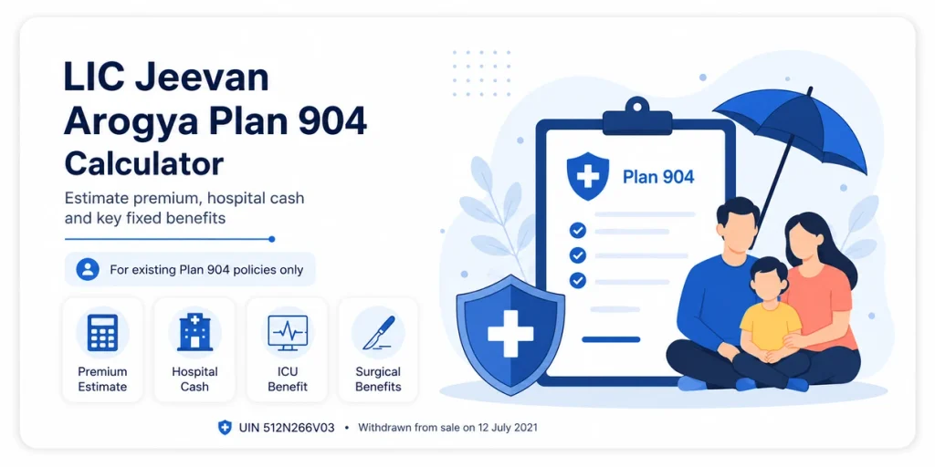 LIC Jeevan Arogya Plan 904 Calculator showing premium estimate, hospital cash, ICU benefit and surgical benefits for existing policies