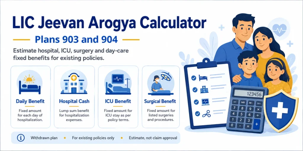 LIC Jeevan Arogya Calculator for Plans 903 and 904 showing hospital cash, ICU, surgical and day-care fixed benefits for existing policies