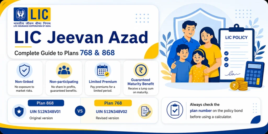 LIC Jeevan Azad complete guide infographic for Plans 768 and 868 showing key features, UINs, limited premium, guaranteed maturity benefit and family protection
