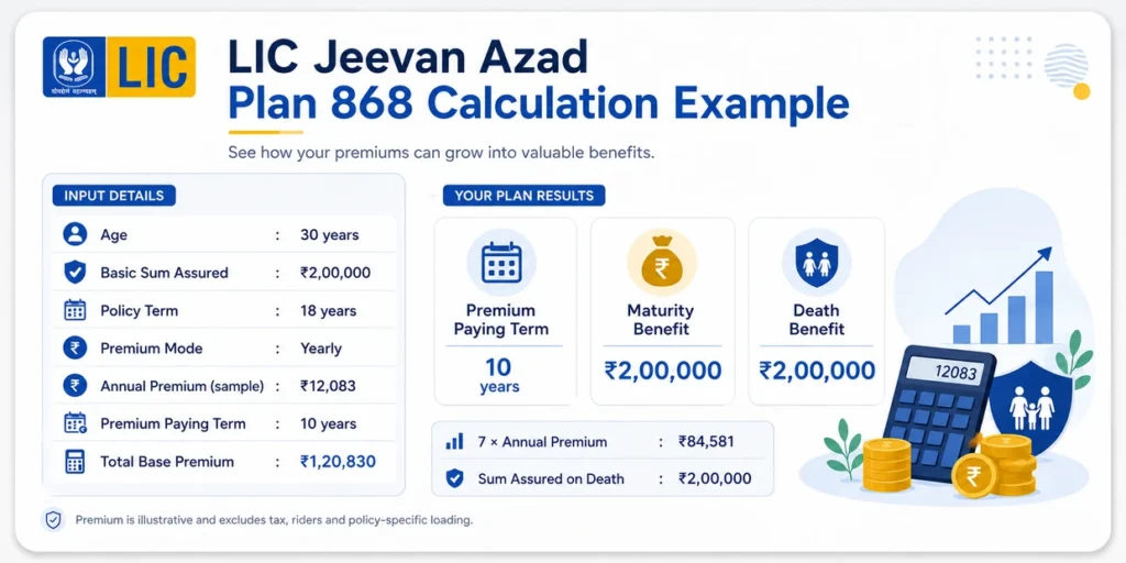 LIC Jeevan Azad Plan 868 calculation example showing premium paying term, ₹2 lakh maturity benefit and death benefit estimate