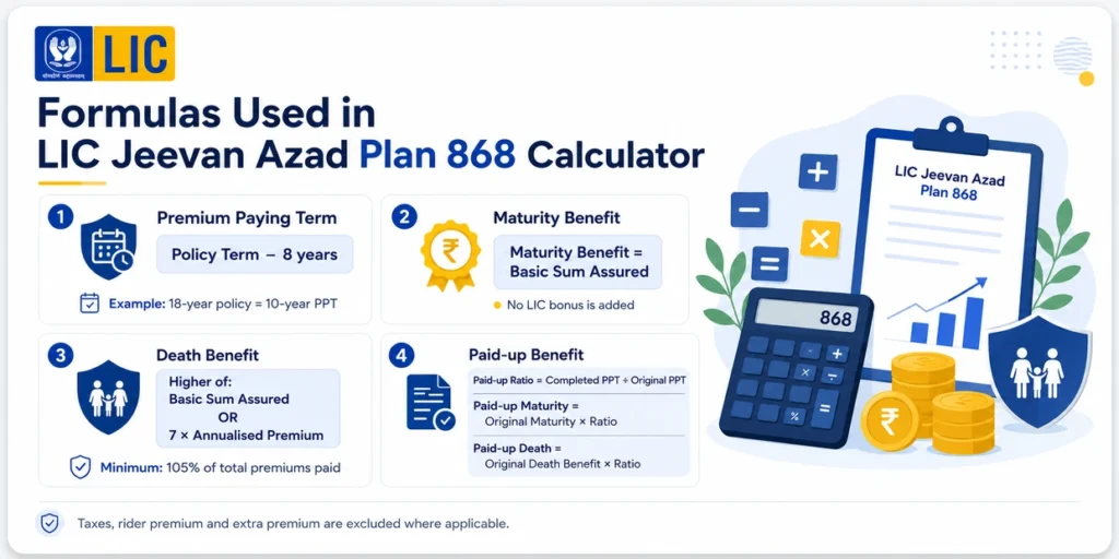 LIC Jeevan Azad Plan 868 Calculator formulas for premium paying term, maturity benefit, death benefit and paid-up benefit