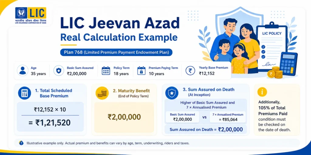 LIC Jeevan Azad Plan 768 calculation example showing ₹2 lakh sum assured, 18-year term and ₹12,152 yearly premium