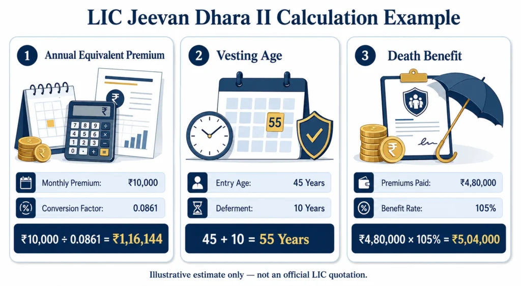 LIC Jeevan Dhara II calculation example showing premium, vesting age and death benefit