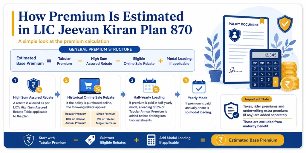 LIC Jeevan Kiran Plan 870 premium estimation showing tabular premium, high sum assured rebate, online sale rebate and half-yearly modal loading