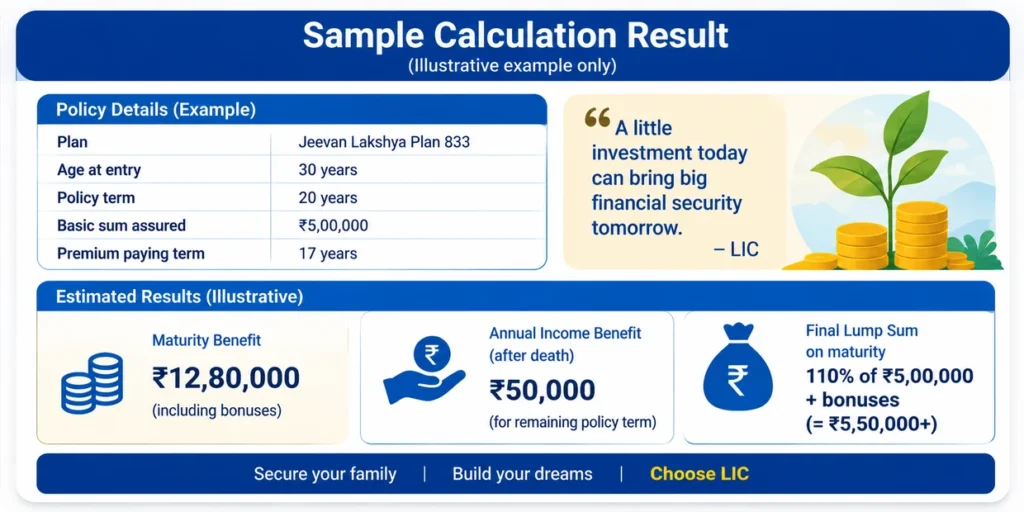 LIC Jeevan Lakshya Plan 833 calculation example showing policy details, maturity benefit and annual income benefit