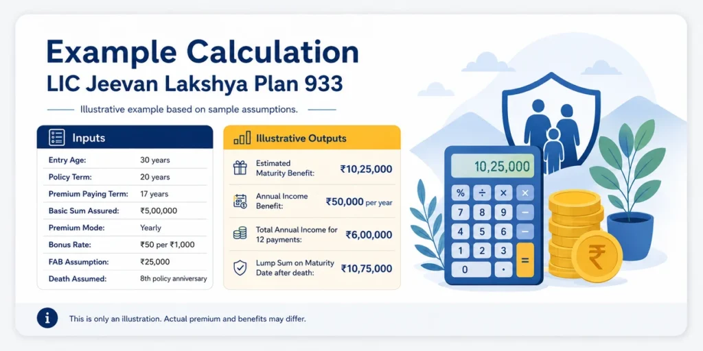 LIC Jeevan Lakshya Plan 933 calculator example showing ₹5 lakh sum assured, maturity benefit and annual income benefit.