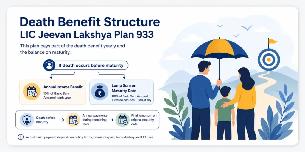 LIC Jeevan Lakshya Plan 933 death benefit structure showing annual income benefit and lump sum payment on maturity date.