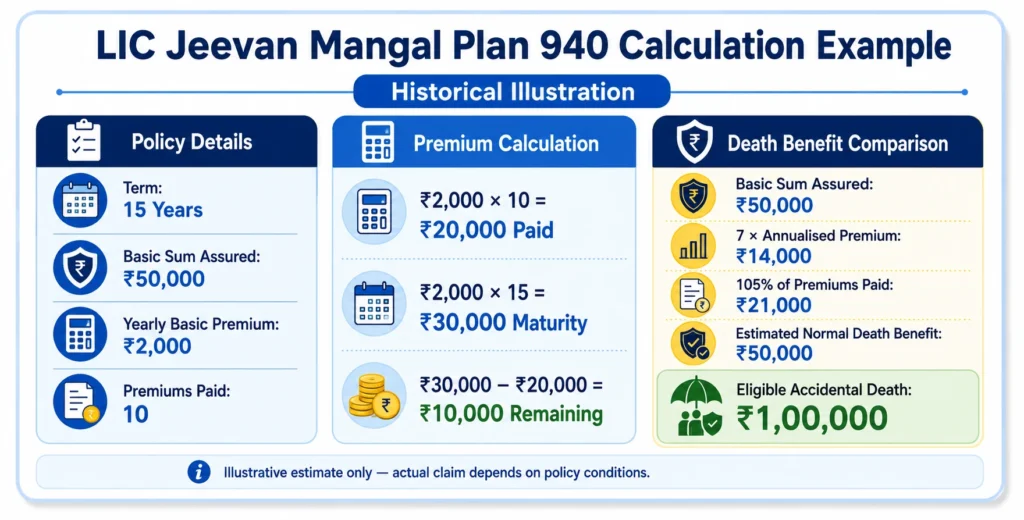 LIC Jeevan Mangal Plan 940 historical calculation example showing ₹30,000 maturity and ₹1,00,000 eligible accidental death benefit