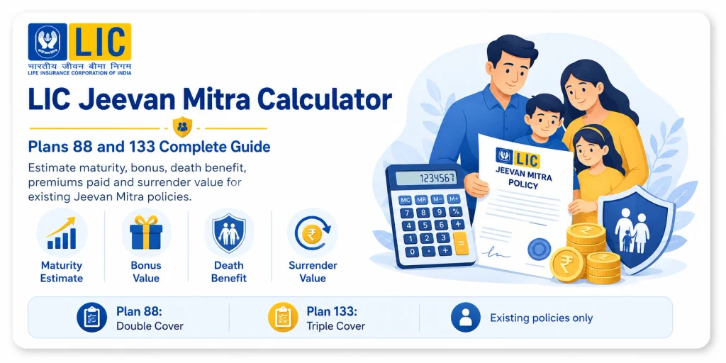 LIC Jeevan Mitra Calculator for Plans 88 and 133 showing maturity estimate, bonus value, death benefit, premiums paid and surrender value for existing policies