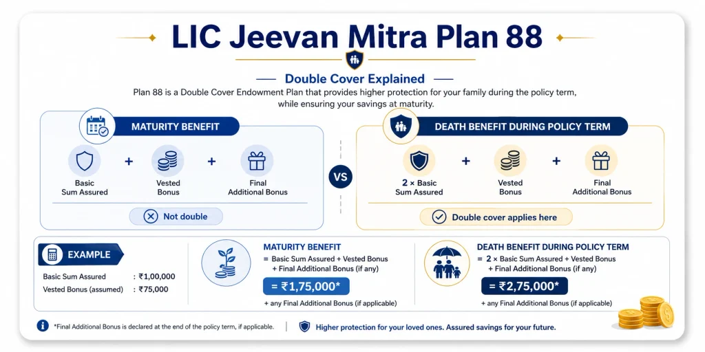 LIC Jeevan Mitra Plan 88 double cover explained showing maturity benefit, death benefit, Basic Sum Assured and bonuses