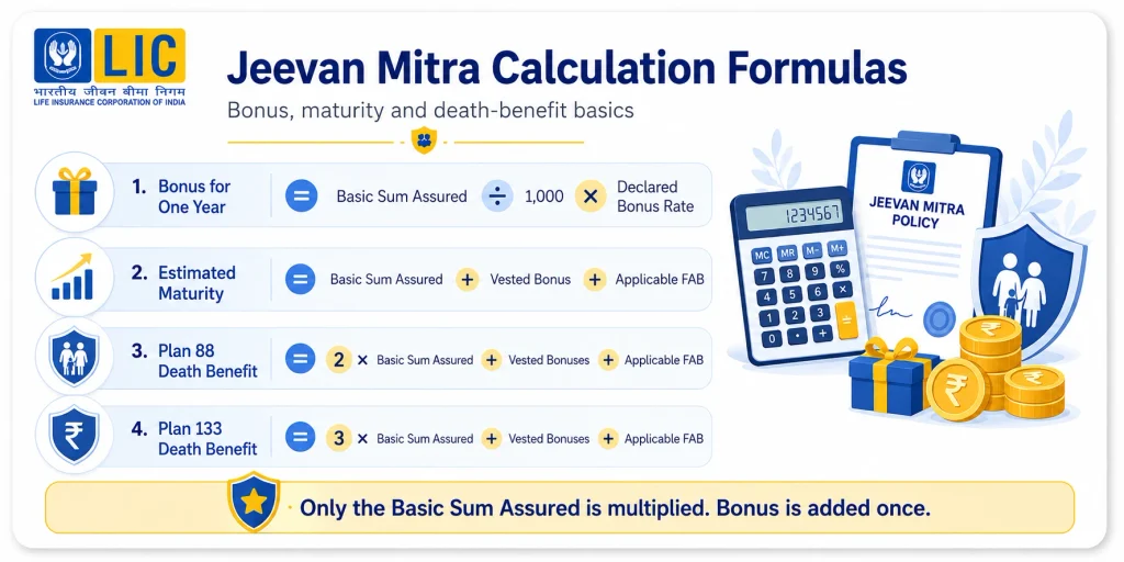LIC Jeevan Mitra calculation formulas for bonus, maturity benefit, Plan 88 double-cover death benefit and Plan 133 triple-cover death benefit