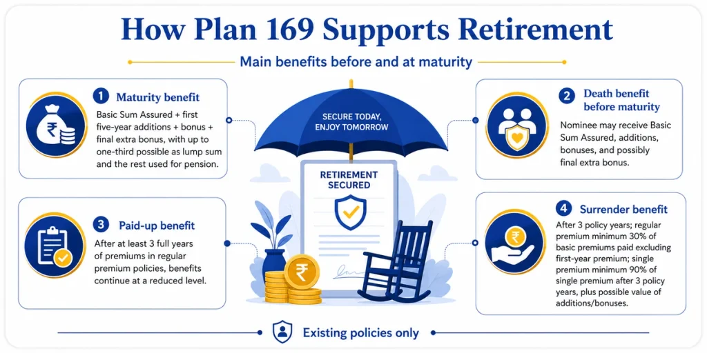 LIC Jeevan Nidhi Plan 169 retirement benefits showing maturity benefit, death benefit, paid-up benefit and surrender benefit for existing policyholders