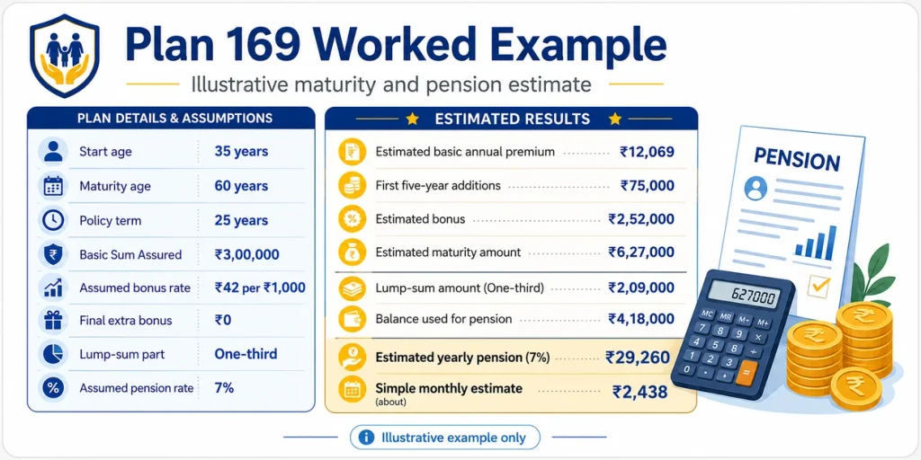 LIC Jeevan Nidhi Plan 169 worked example showing ₹3 lakh Basic Sum Assured, additions, estimated bonus, ₹6.27 lakh maturity amount and pension estimate