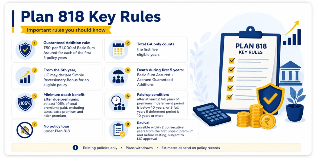 LIC Jeevan Nidhi Plan 818 key rules showing Guaranteed Additions, bonus, death benefit, paid-up conditions, no policy loan and revival