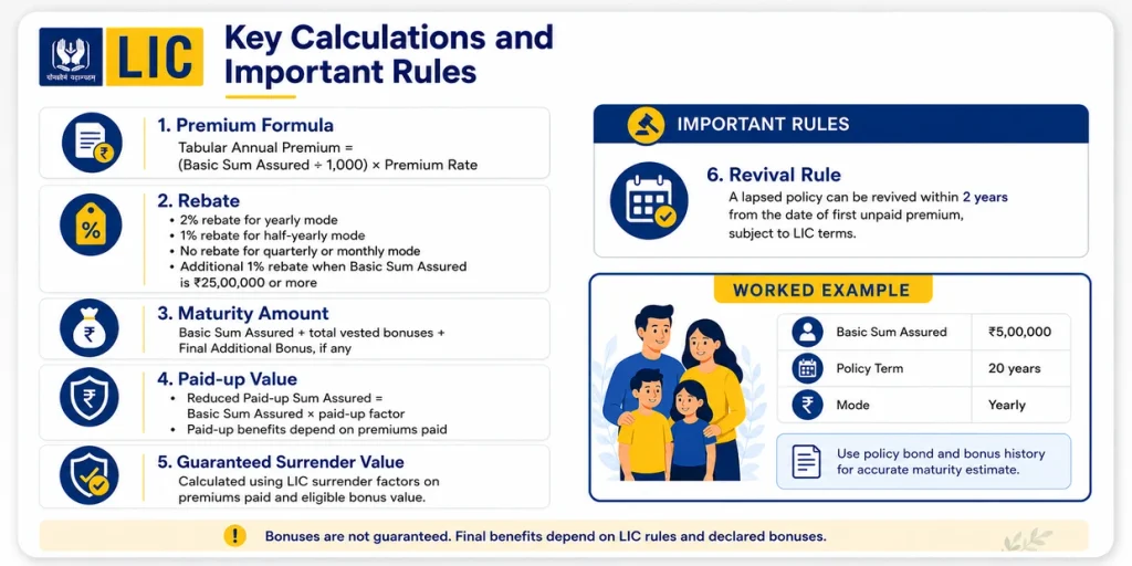 LIC Jeevan Pragati Plan 838 key calculations showing premium formula, maturity amount, paid-up value, Guaranteed Surrender Value and revival rules