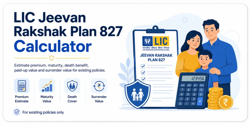 LIC Jeevan Rakshak Plan 827 Calculator showing premium estimate, maturity value, death benefit, paid-up value and surrender value for existing policies