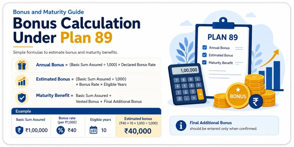LIC Jeevan Saathi Plan 89 bonus calculation showing annual bonus, estimated vested bonus and maturity benefit formula with Final Additional Bonus